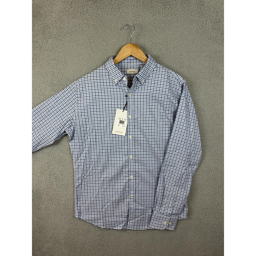 Savannah Shirt Mens Medium Blue Check Long Sleeve Button Down Stretch Casual New